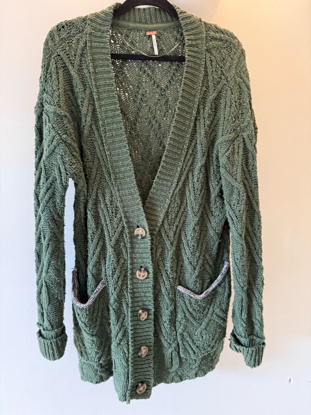 Olive Green Cable Knit Button-Front Women's Cardigan